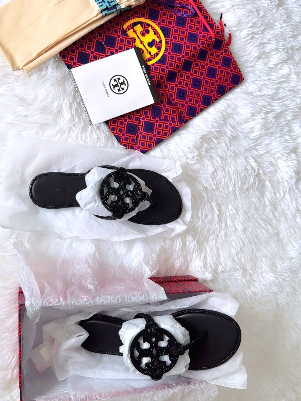 Tory Burch Black Girls' Logo Thong Sandals with Glitter Medallion